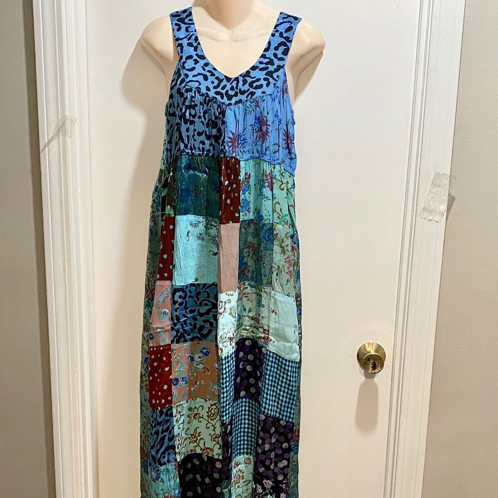 Palak Quilted Patchwork Boho Artsy Festival Viscose Sheath Maxi Sun Dress L - Picture 3 of 12